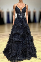 Gorgeous Black Straps Ruffled Long Semi Formal Prom Dress with Appliques